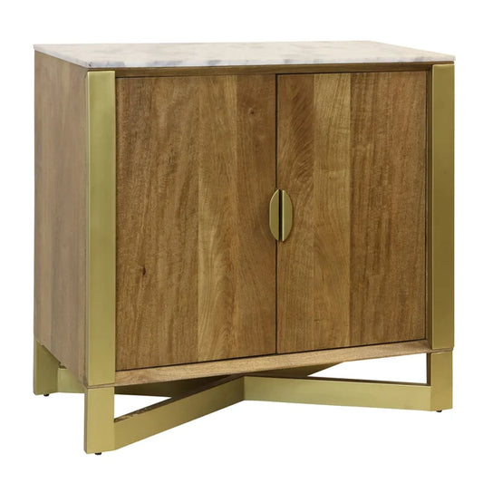 Barcelona Solid Mango Wood Cabinet – 2-Door Storage with White Marble Top