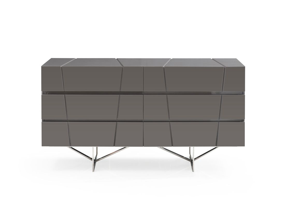 Chrysler Grey Bedroom Set – Bonded Leather Bed with Polished Stainless Steel Accents and Case Goods