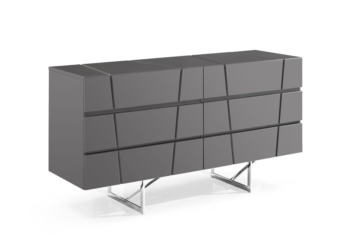 Chrysler Grey Bedroom Set – Bonded Leather Bed with Polished Stainless Steel Accents and Case Goods