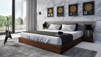 Janice Grey Fabric Bed with Walnut Rails and Two Nightstands