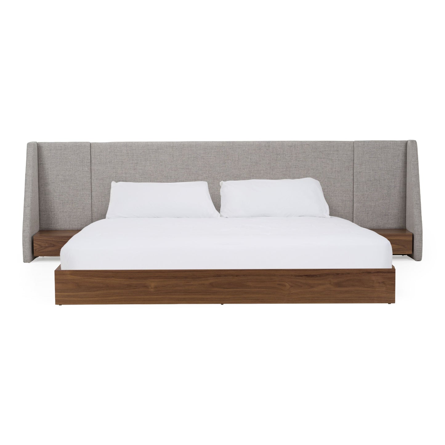 Janice Grey Fabric Bed with Walnut Rails and Two Nightstands