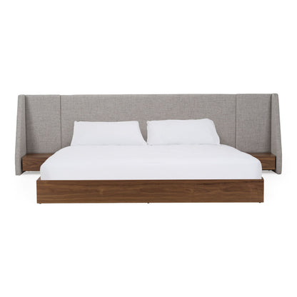 Janice Grey Fabric Bed with Walnut Rails and Two Nightstands