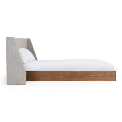 Janice Grey Fabric Bed with Walnut Rails and Two Nightstands