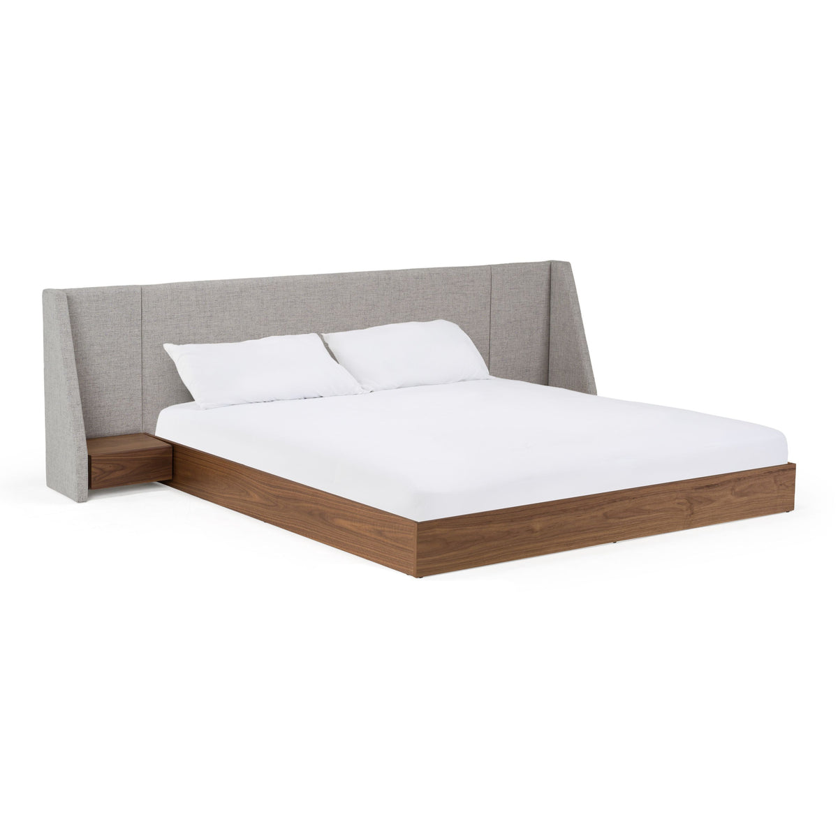 Janice Grey Fabric Bed with Walnut Rails and Two Nightstands