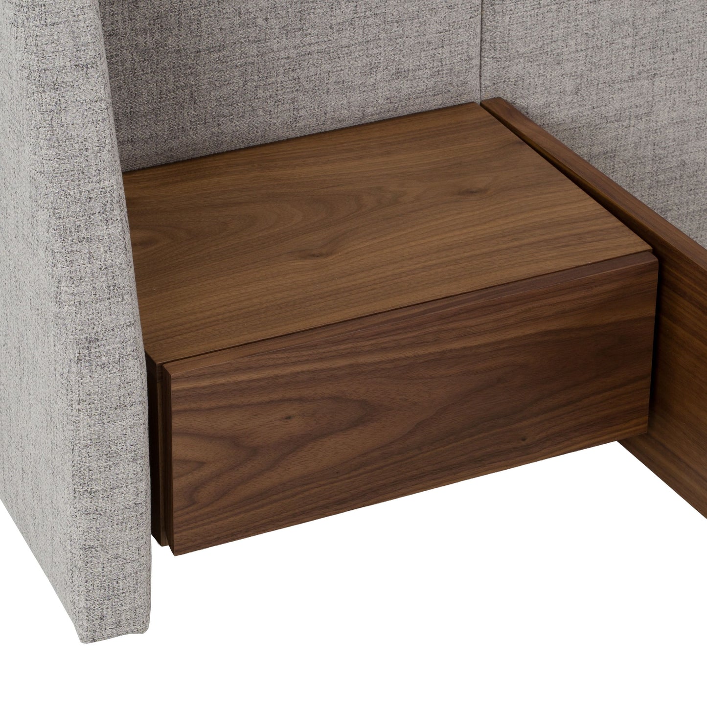 Janice Grey Fabric Bed with Walnut Rails and Two Nightstands