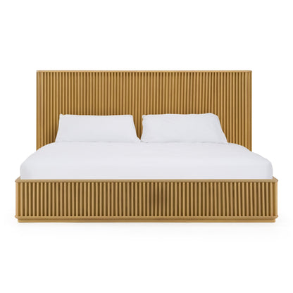 Kayce Modern Natural Oak Queen Bed with Panel Headboard and Slatted Support