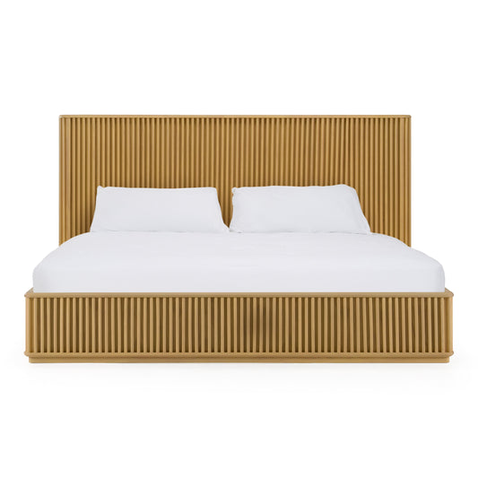 Kayce Modern Natural Oak Queen Bed with Panel Headboard and Slatted Support