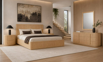 Kayce Modern Natural Oak Queen Bed with Panel Headboard and Slatted Support