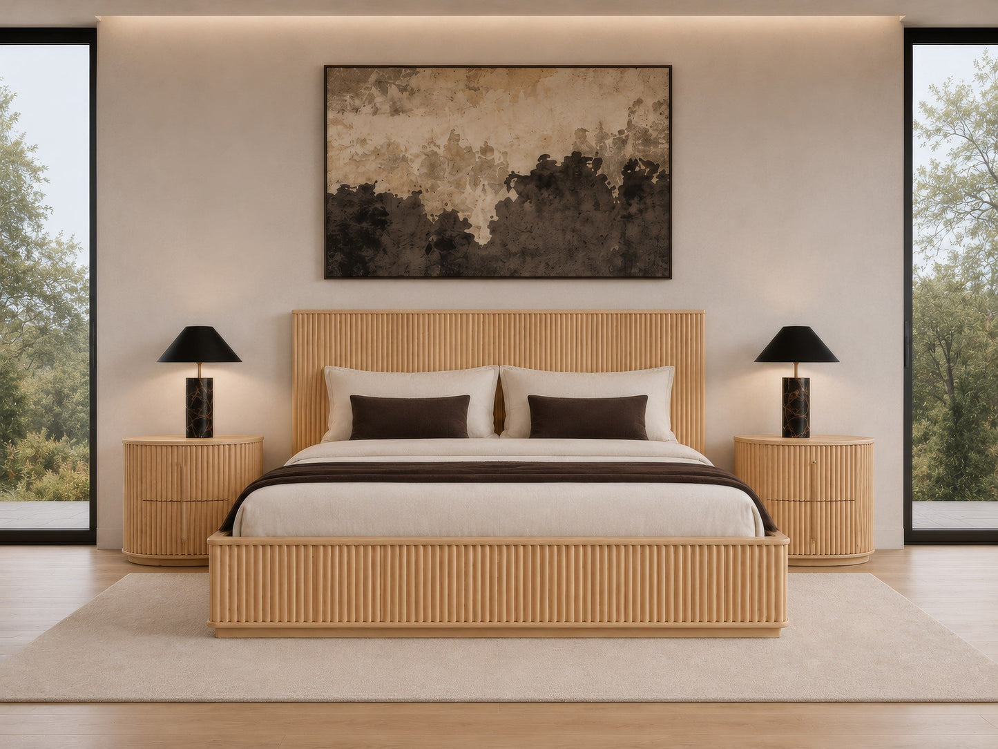 Kayce Modern Natural Oak Queen Bed with Panel Headboard and Slatted Support