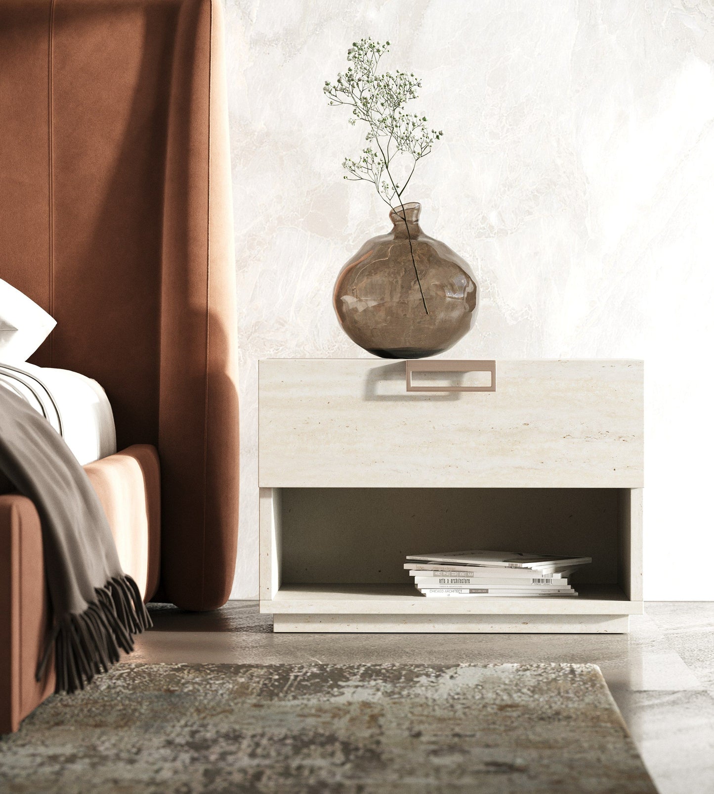 Lamod Roma + Lago Modern 4-Piece Bedroom Set – Burnt Orange Velvet Bed & Faux Travertine Furniture