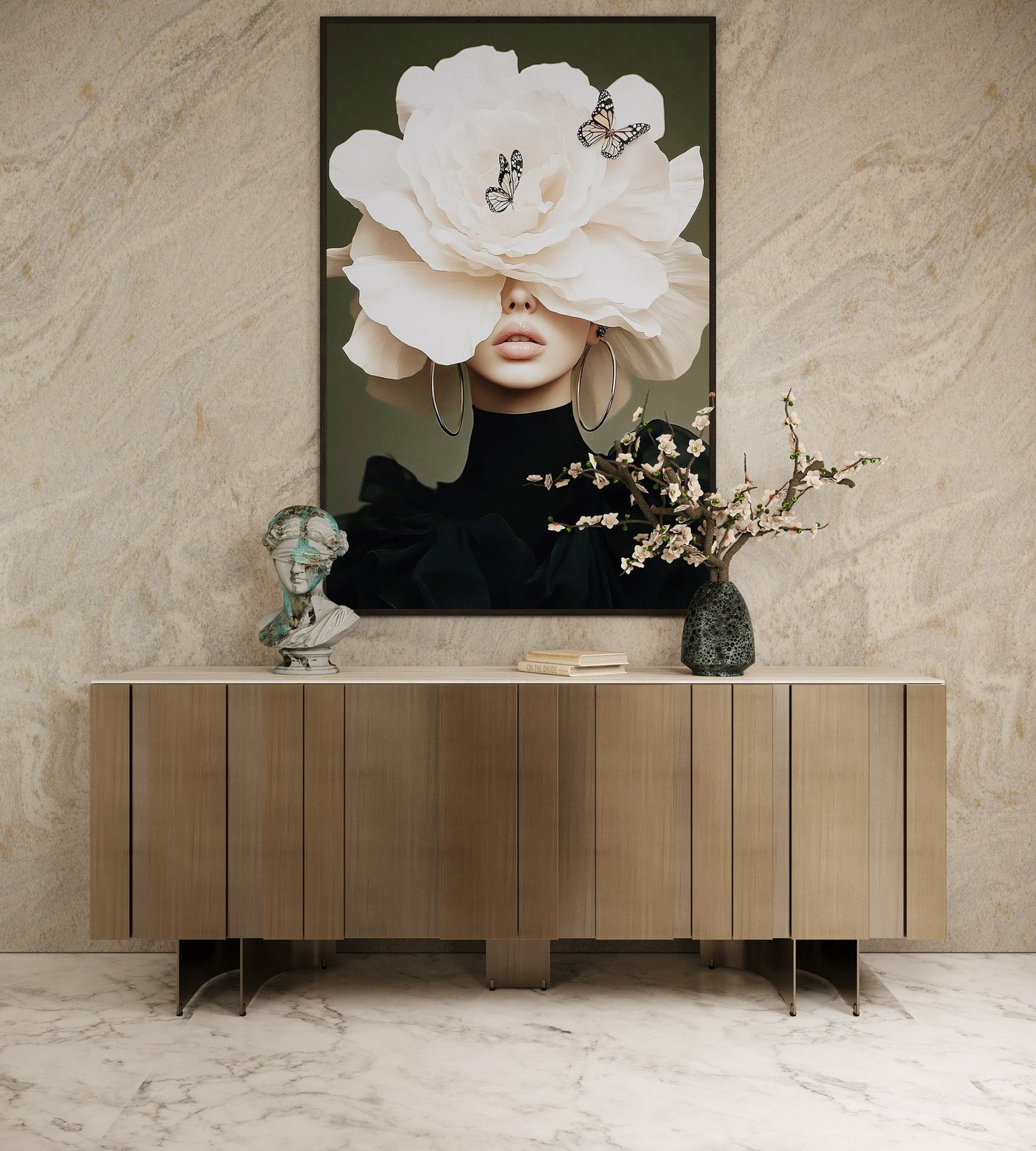 Kiefer Buffet – Faux Travertine Ceramic Top with Bronze Base