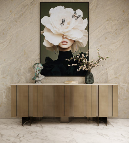 Kiefer Buffet – Faux Travertine Ceramic Top with Bronze Base
