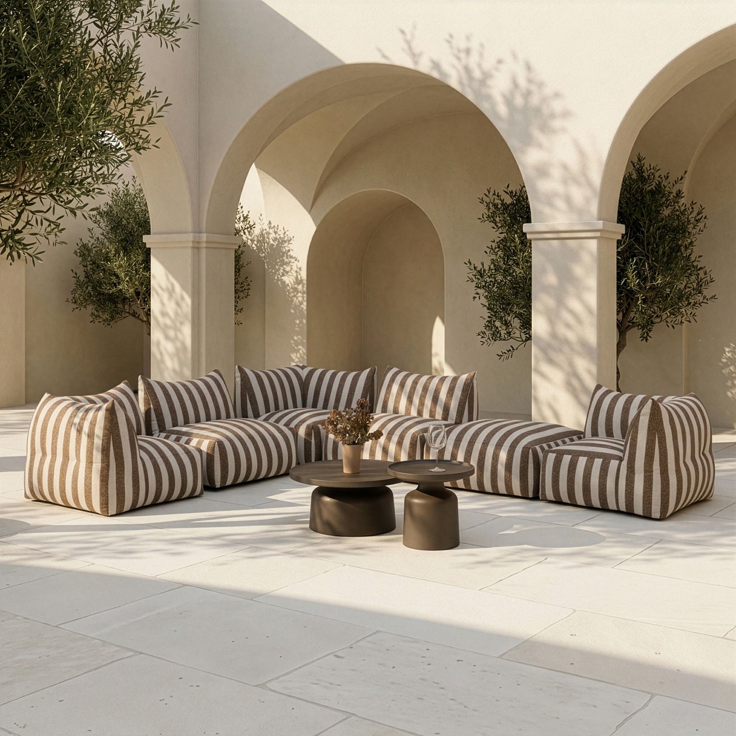 Lanuza Outdoor Modular Sectional Sofa Set – Brown & White Stripe Fabric – 8‑Piece Patio Furniture Set