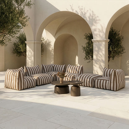 Lanuza Outdoor Modular Sectional Sofa Set – Brown & White Stripe Fabric – 8‑Piece Patio Furniture Set