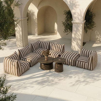 Lanuza Outdoor Modular Sectional Sofa Set – Brown & White Stripe Fabric – 8‑Piece Patio Furniture Set