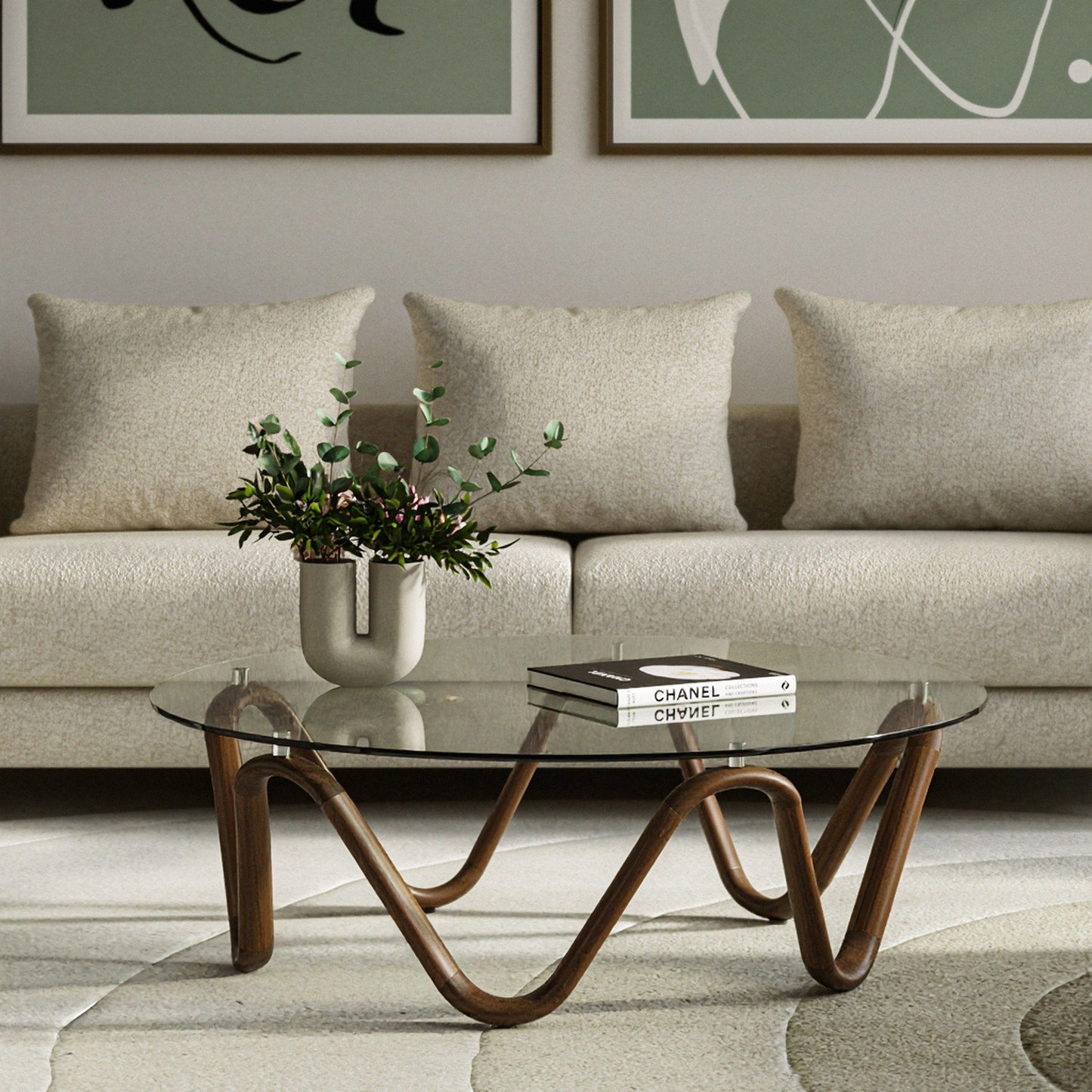 Lassen Glass and Walnut Round Coffee Table