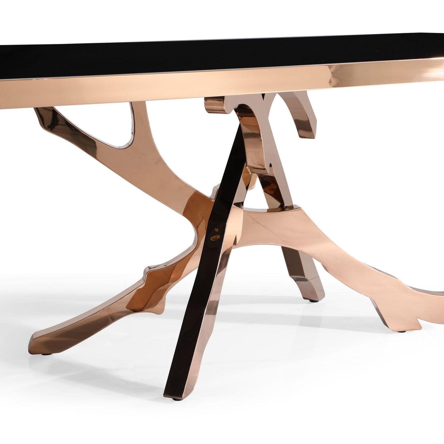 Legend Black Glass Dining Table with Rose Gold Stainless Steel Base