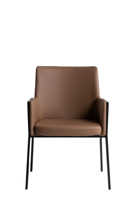 Modrest Leshay Modern Dark Camel Vegan Leather & Black Metal Dining Chair - Stylish and Eco-Friendly Dining Seating