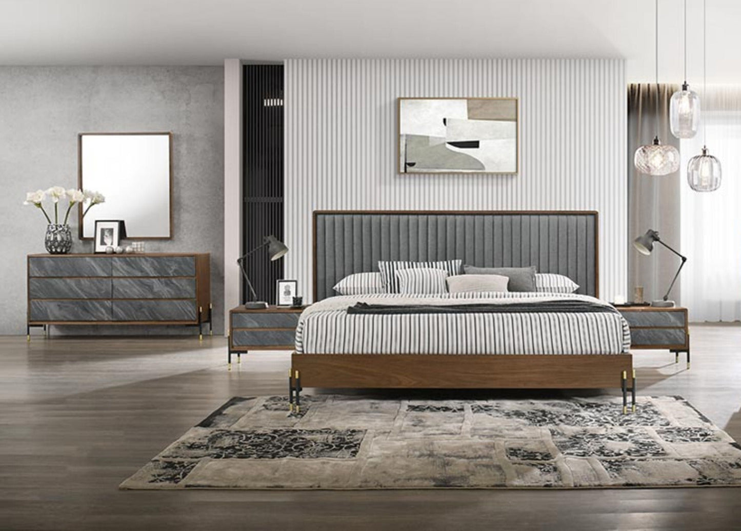 Metcalf Walnut and Grey Bedroom Set with Upholstered Bed