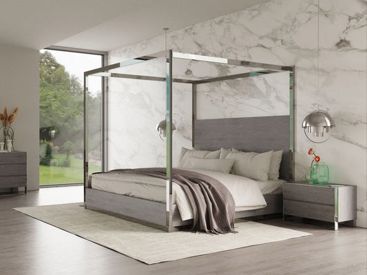 Modrest Arlene Modern Grey Elm & Stainless Steel Canopy Bed