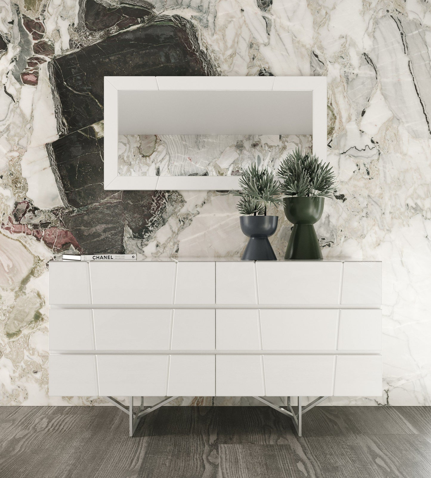 Chrysler White High Gloss 6‑Drawer Dresser with Polished Stainless Steel Leg