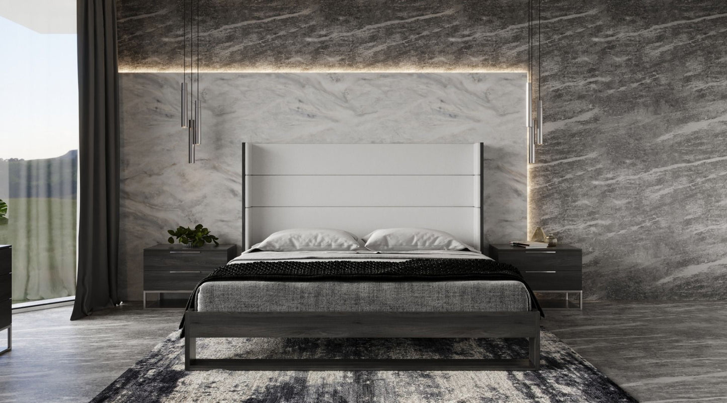 Modrest Heloise - Contemporary White Leather & Grey Elm Trim Bed