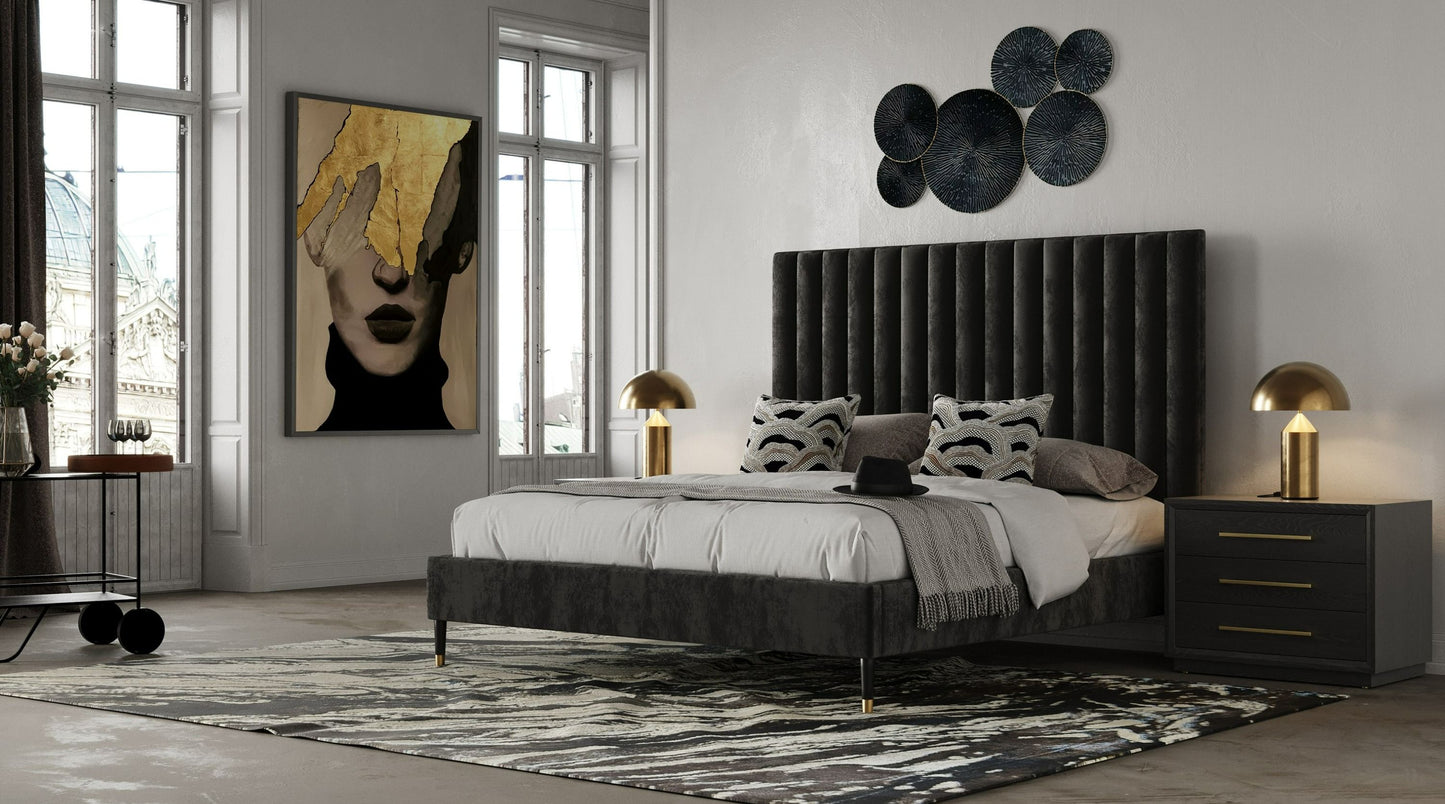 Hemlock Dark Grey Velvet Upholstered Platform Bed with Cushioned Headboard