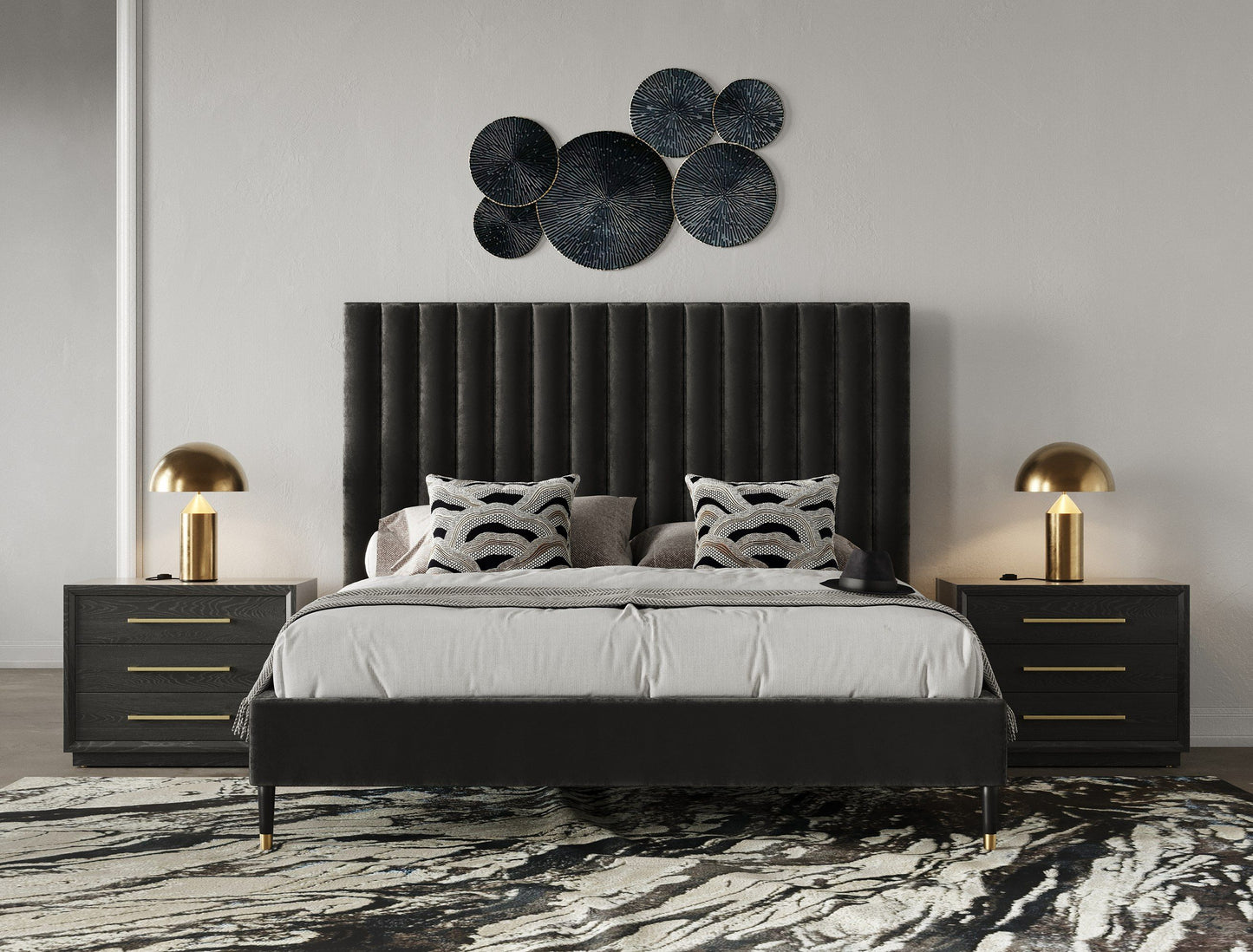 Hemlock Dark Grey Velvet Upholstered Platform Bed with Cushioned Headboard