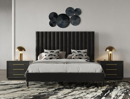 Hemlock Dark Grey Velvet Upholstered Platform Bed with Cushioned Headboard