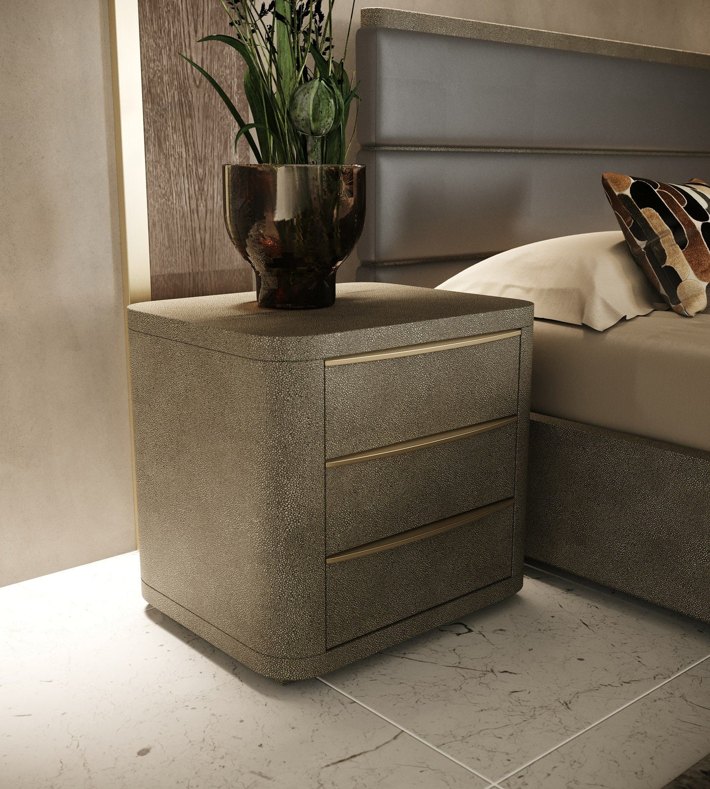 Lois Nightstand – Modern Beige Shagreen Finish with Brass Accents