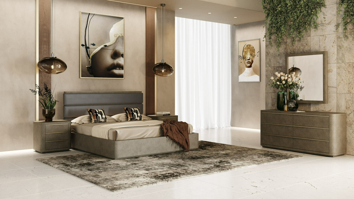 Lois Nightstand – Modern Beige Shagreen Finish with Brass Accents