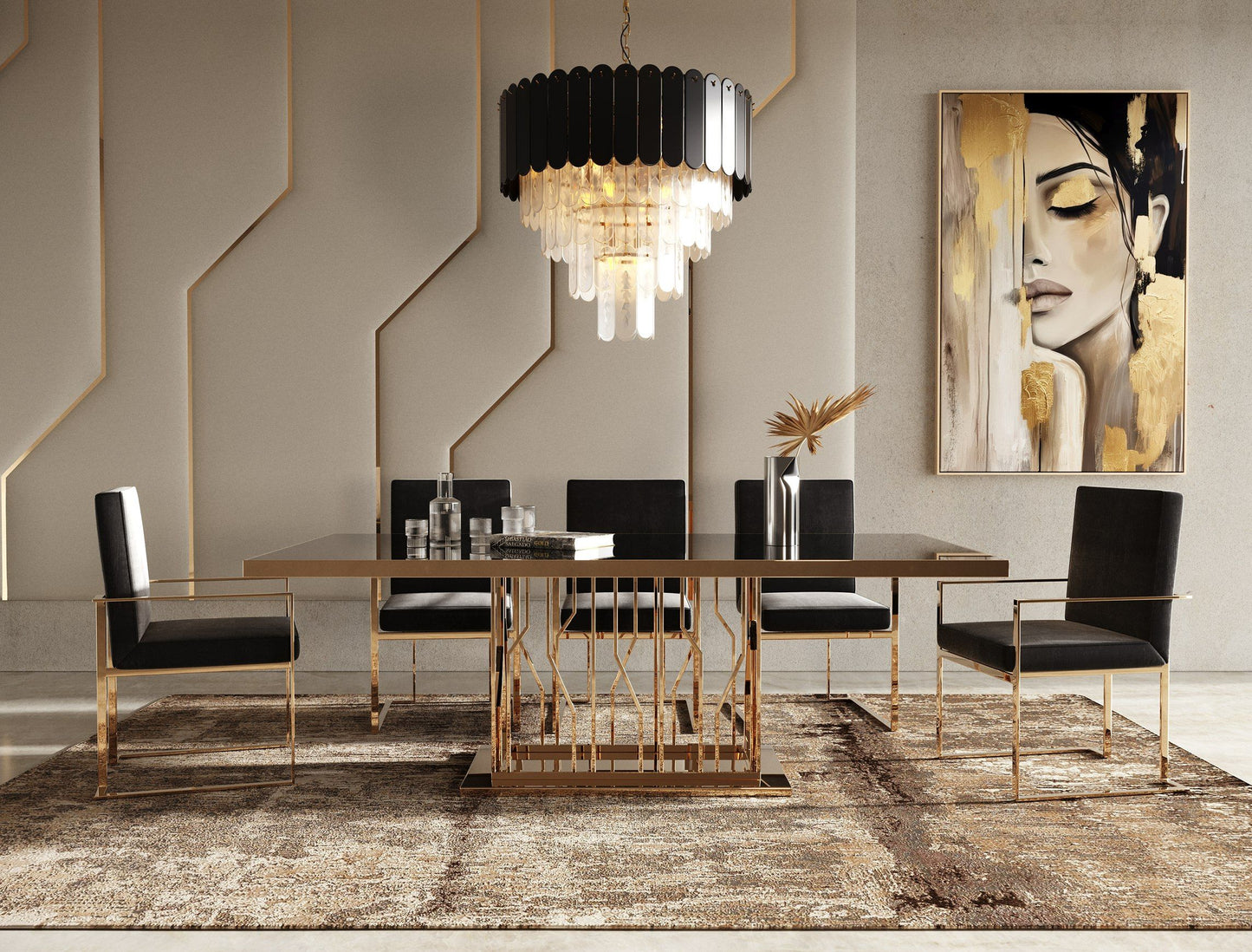 Marston Black Glass and  Rose Gold Dining Table