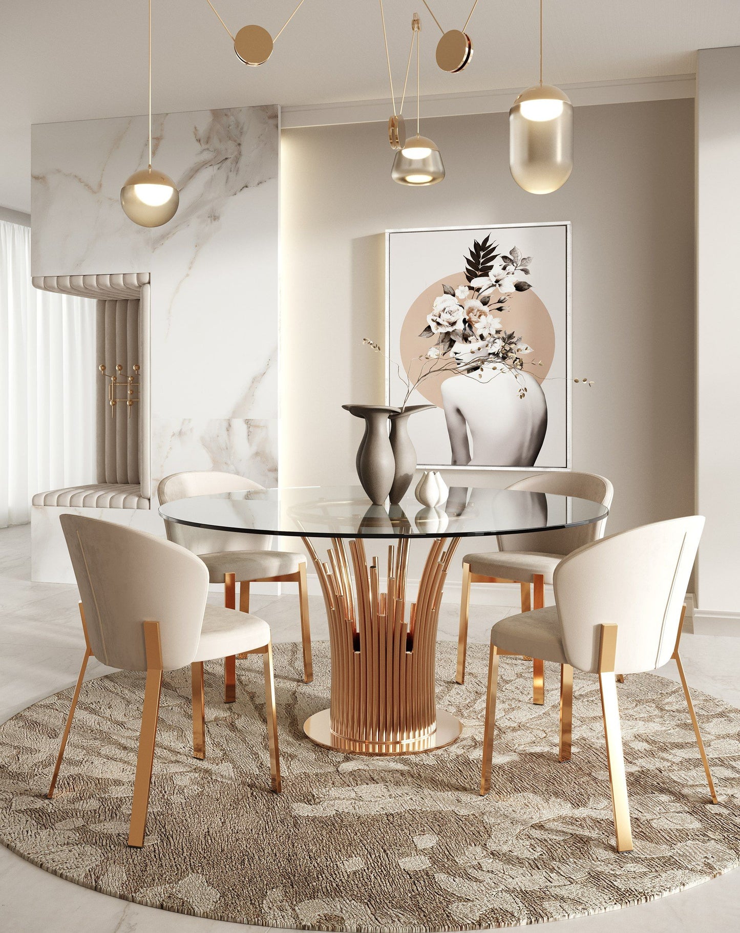 Paxton Round Glass and Rose Gold Dining Table