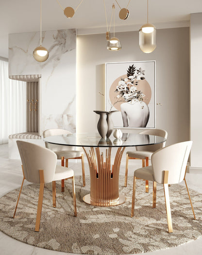 Paxton Round Glass and Rose Gold Dining Table