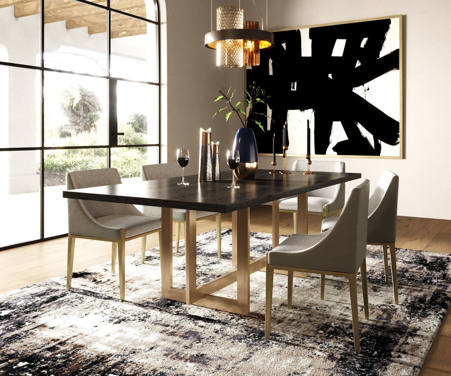 Pike Black Ash and Brass Rectangular Dining Table