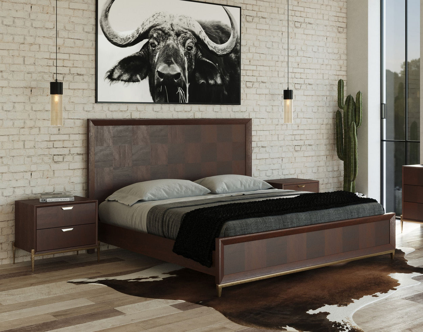 Shane Acacia Bed with Brass Accents
