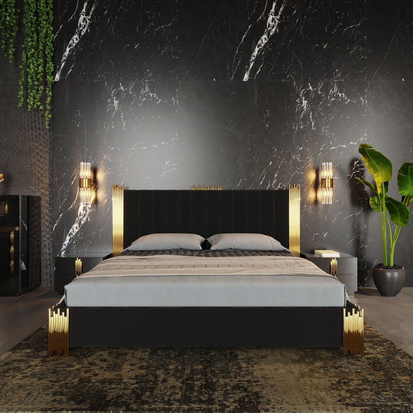 Token Black Velour Bed - Champagne Gold Stainless Steel Legs