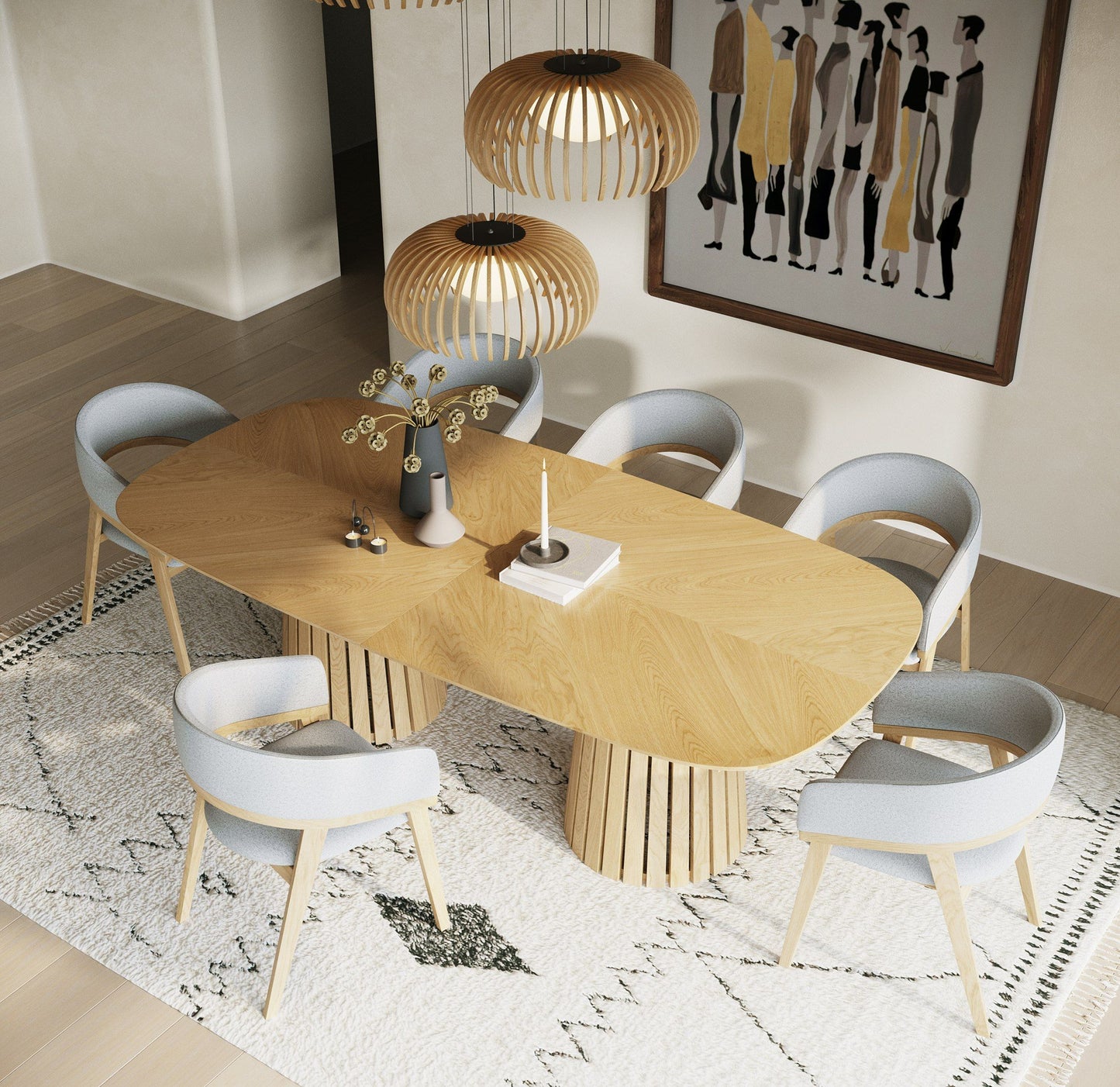 Modrest Truman 10-Seater Dining Set – Mid-Century Modern Oak Extendable Table