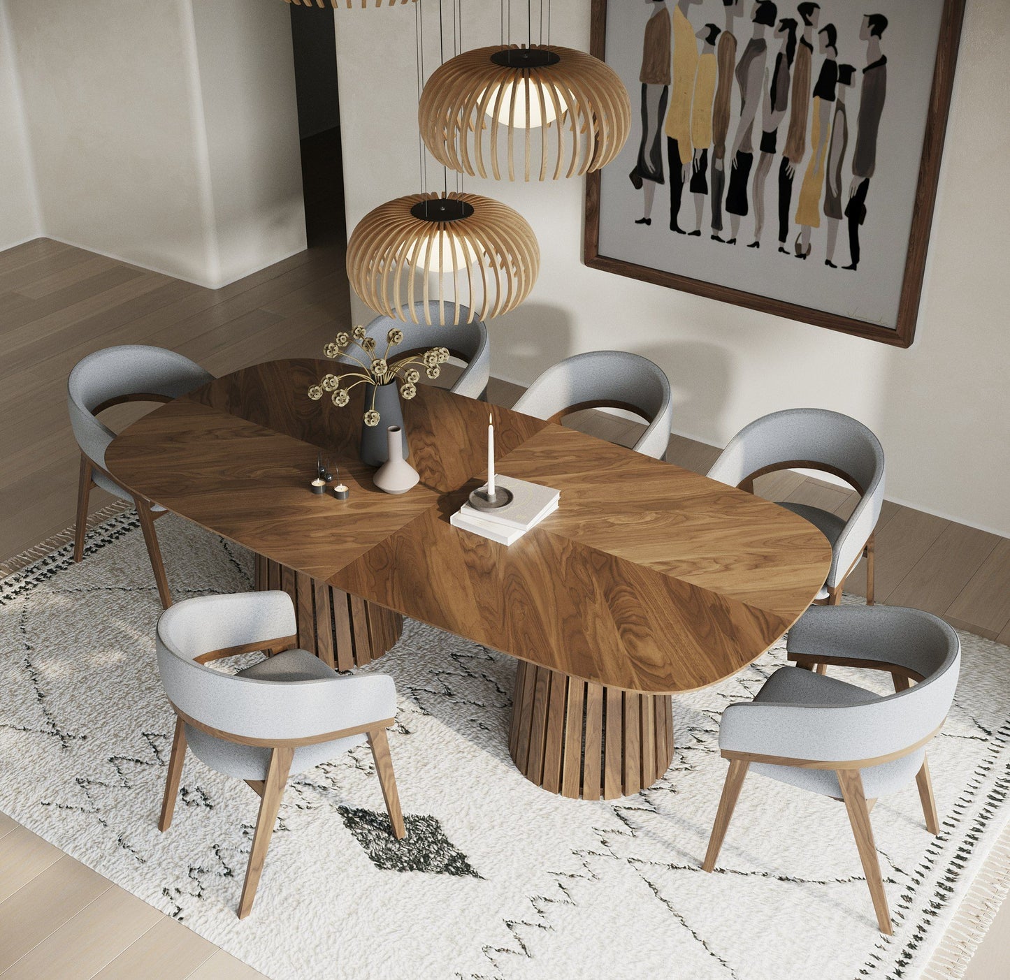 Modrest Truman Walnut Extendable Dining Table with 6 Chairs – Mid-Century Modern