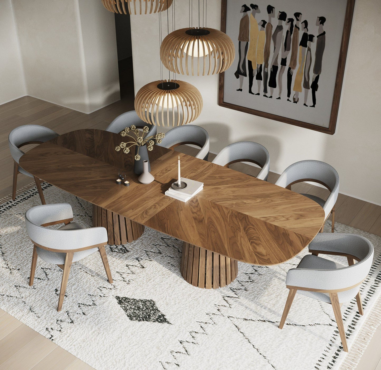 Modrest Truman Walnut Extendable Dining Table with 6 Chairs – Mid-Century Modern