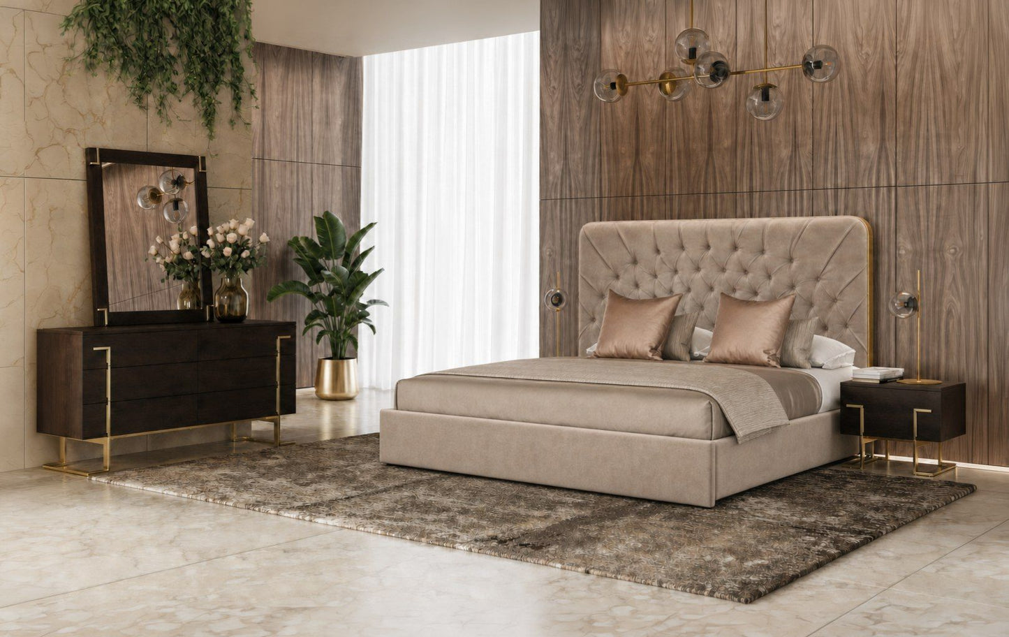 Moontide Beige Velvet Platform Bed with Brushed Brass Trim
