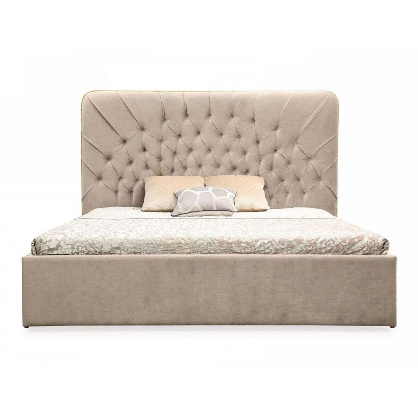 Moontide Beige Velvet Platform Bed with Brushed Brass Trim