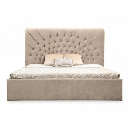 Moontide Beige Velvet Platform Bed with Brushed Brass Trim