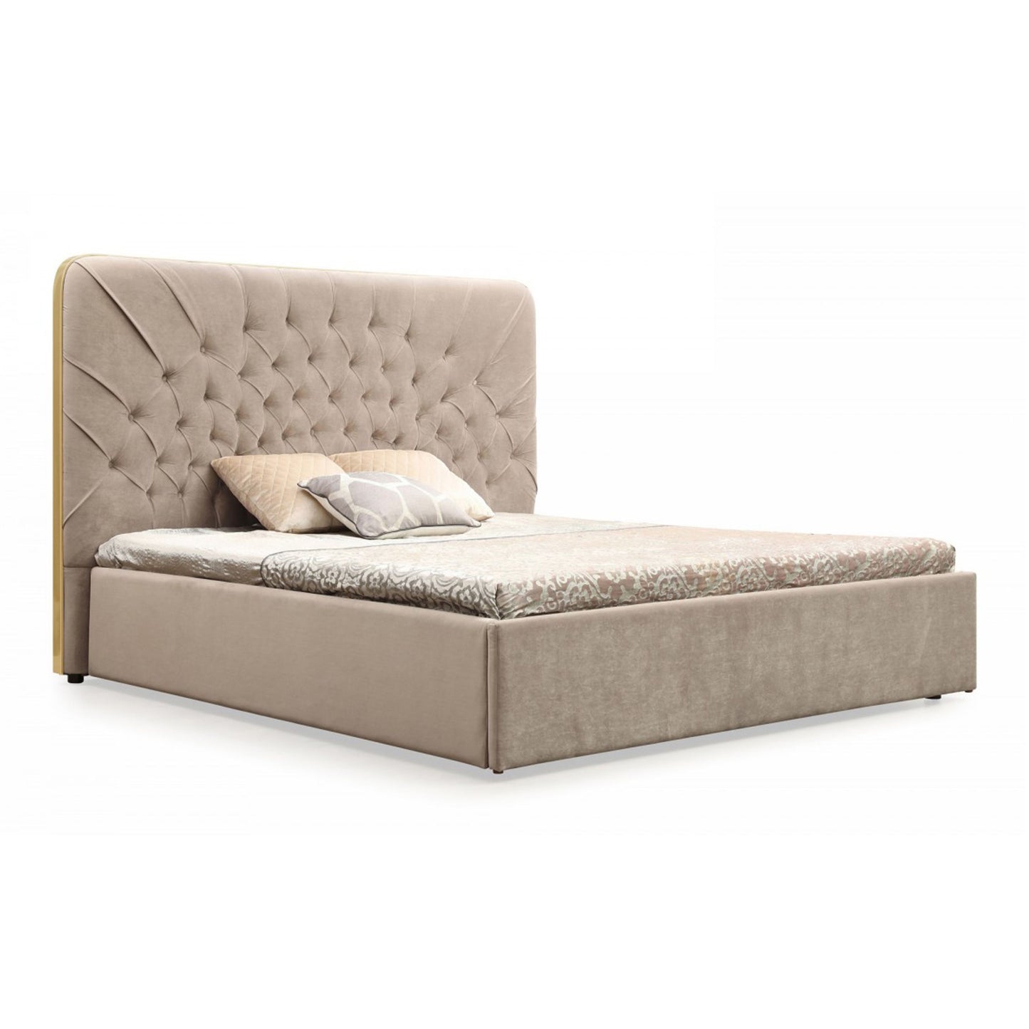 Moontide Beige Velvet Platform Bed with Brushed Brass Trim