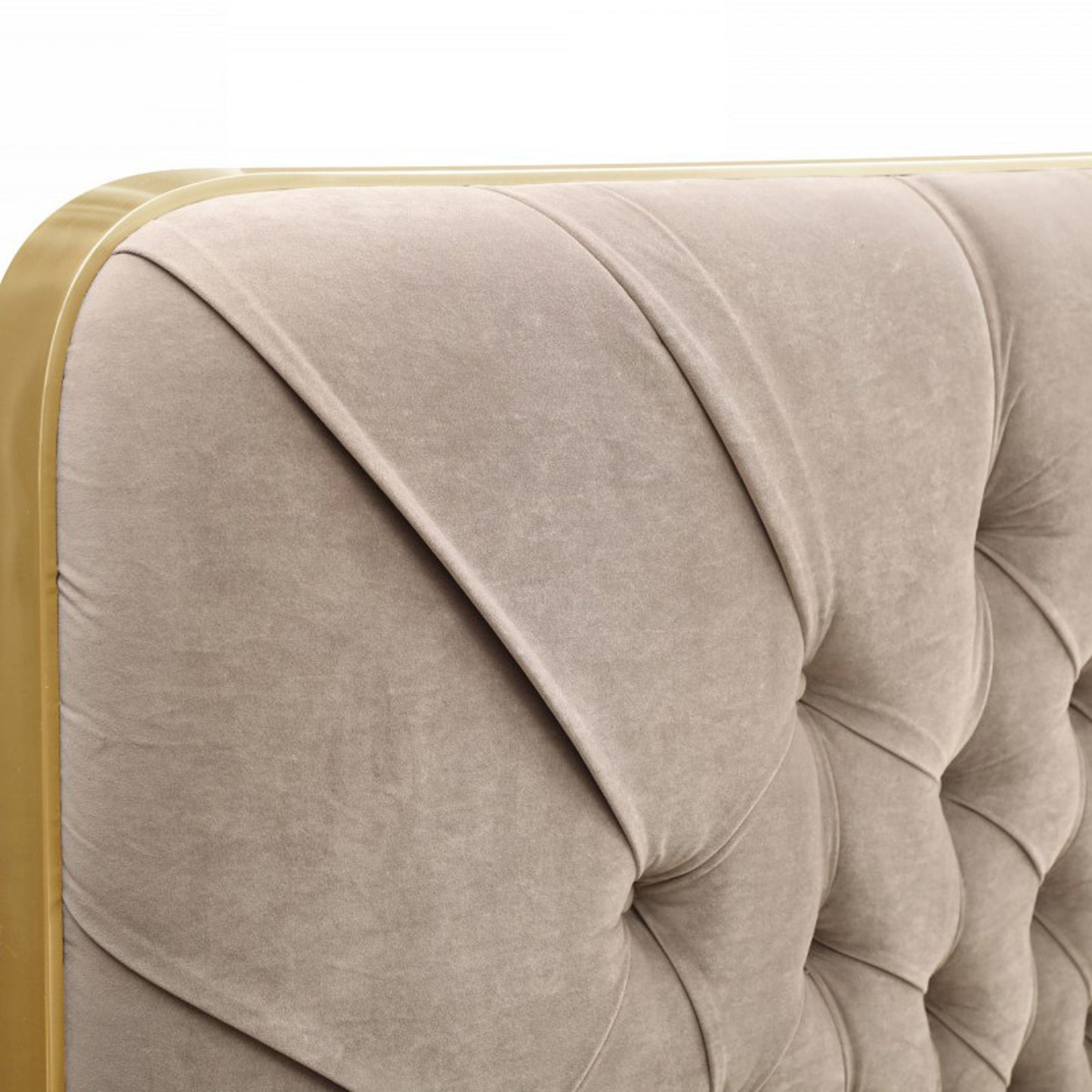 Moontide Beige Velvet Platform Bed with Brushed Brass Trim