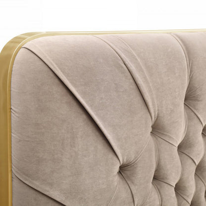 Moontide Beige Velvet Platform Bed with Brushed Brass Trim