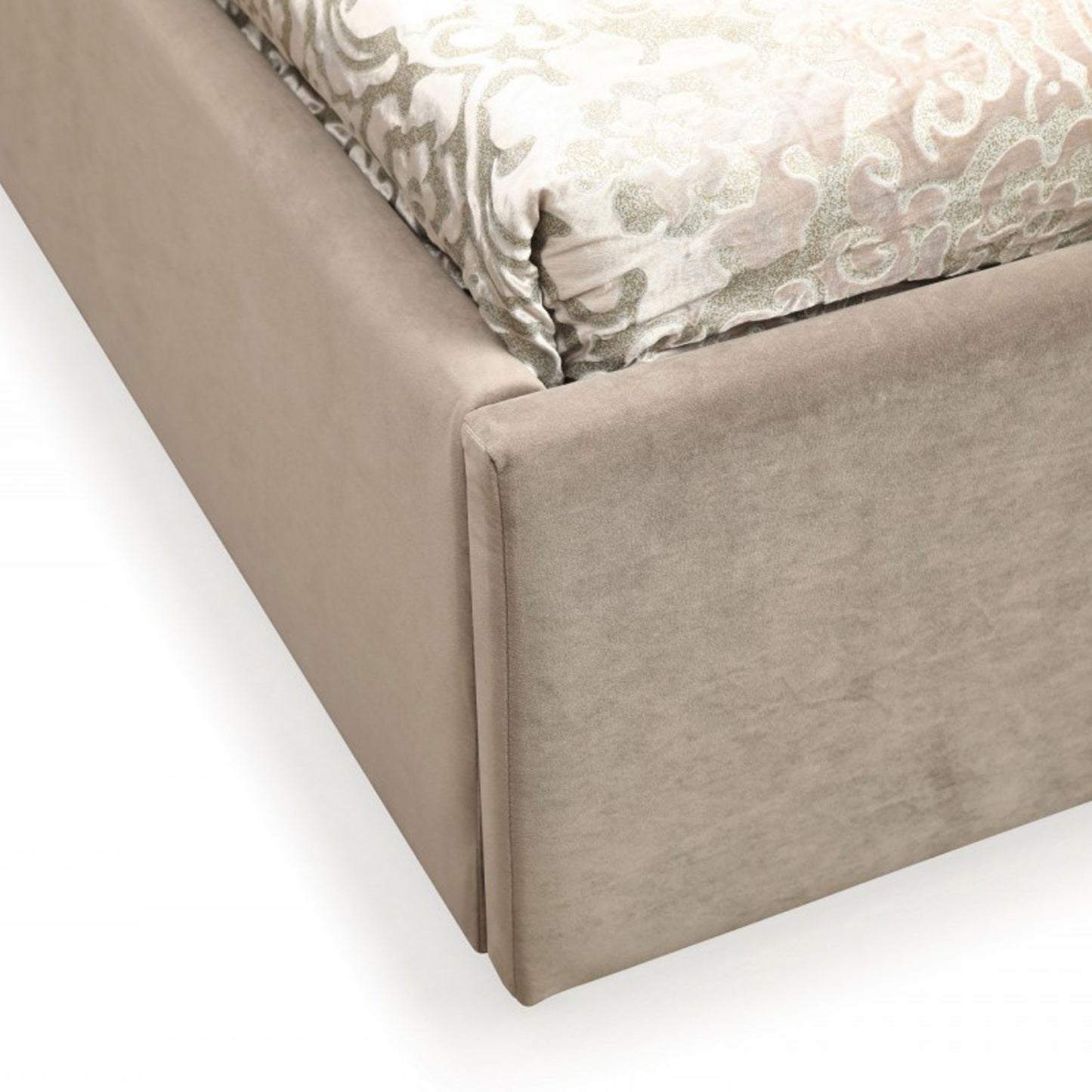 Moontide Beige Velvet Platform Bed with Brushed Brass Trim