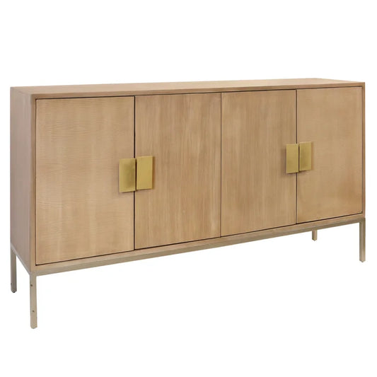 Mid Modern Natural Console with 4 Doors and Iron Base for Contemporary Storage and Style