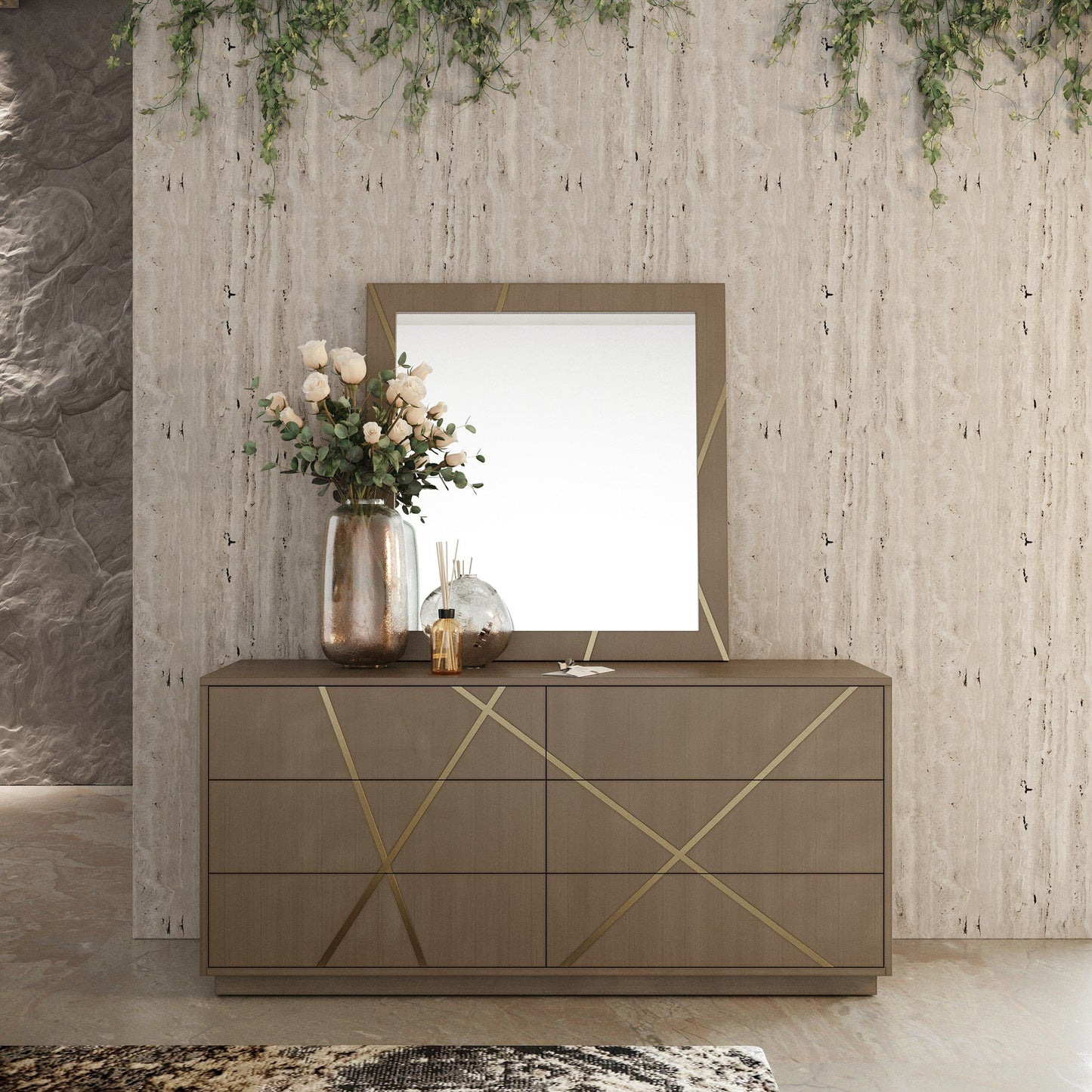 Modrest Nixa - Modern Wide Birch + Brushed Bronze Dresser