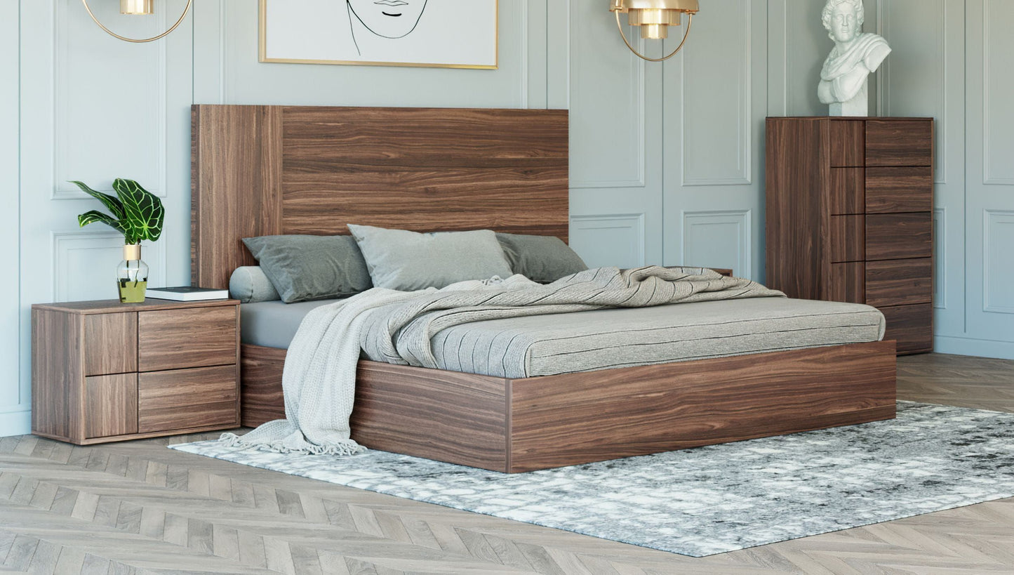 Asus Italian Walnut Matte Finish Platform Bed with High Headboard and Slatted Base